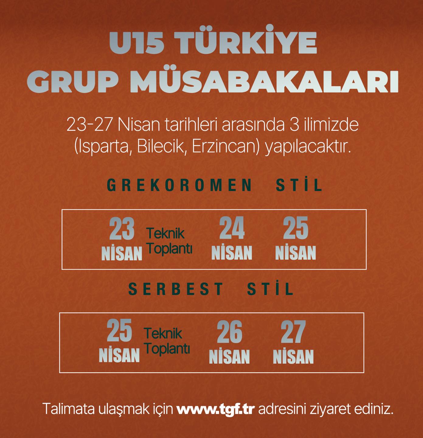 2025 Yılı U15 Türkiye Grup Müsabakaları, 23-27 Nisan 2025 tarihleri arasında Isparta, Bilecik, Erzincan illerinde gerçekleştirilecektir.